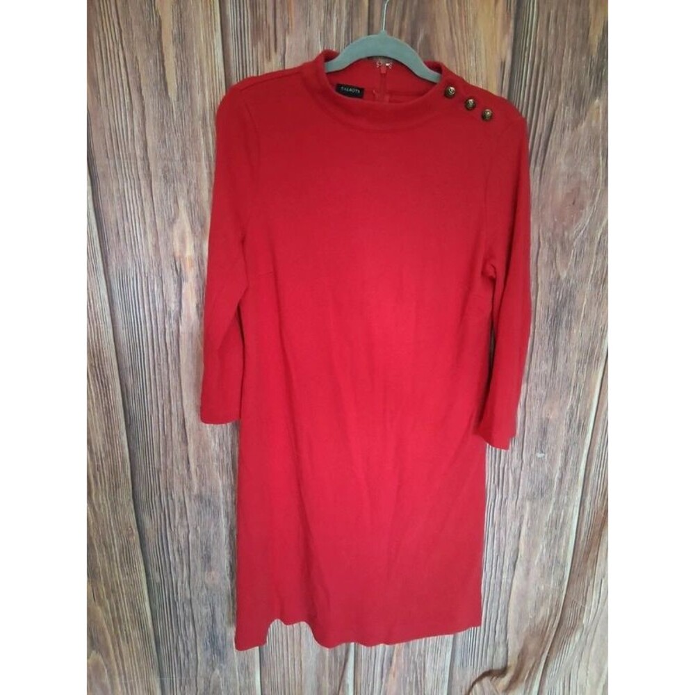 Talbots Bright Red Gold Crest Shoulder Button Mock Neck Shift Dress Sz M